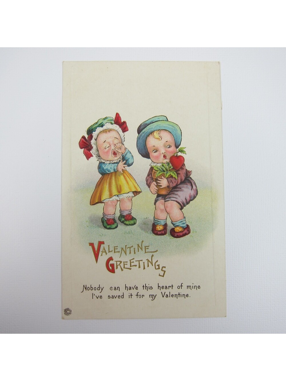 Postcard Comic Valentine Greeting Girl Boy Potted Heart Plant Embossed UNPOSTED